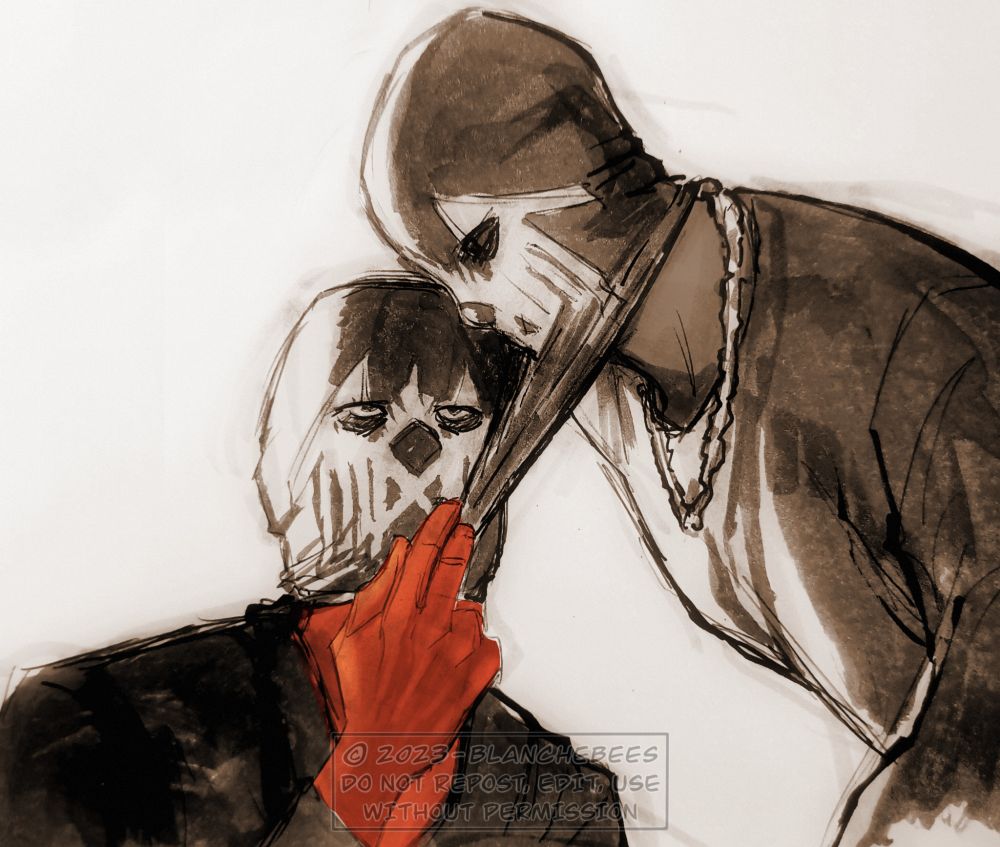 Ink doodle of iii pulling iv's mask and closer to him. 