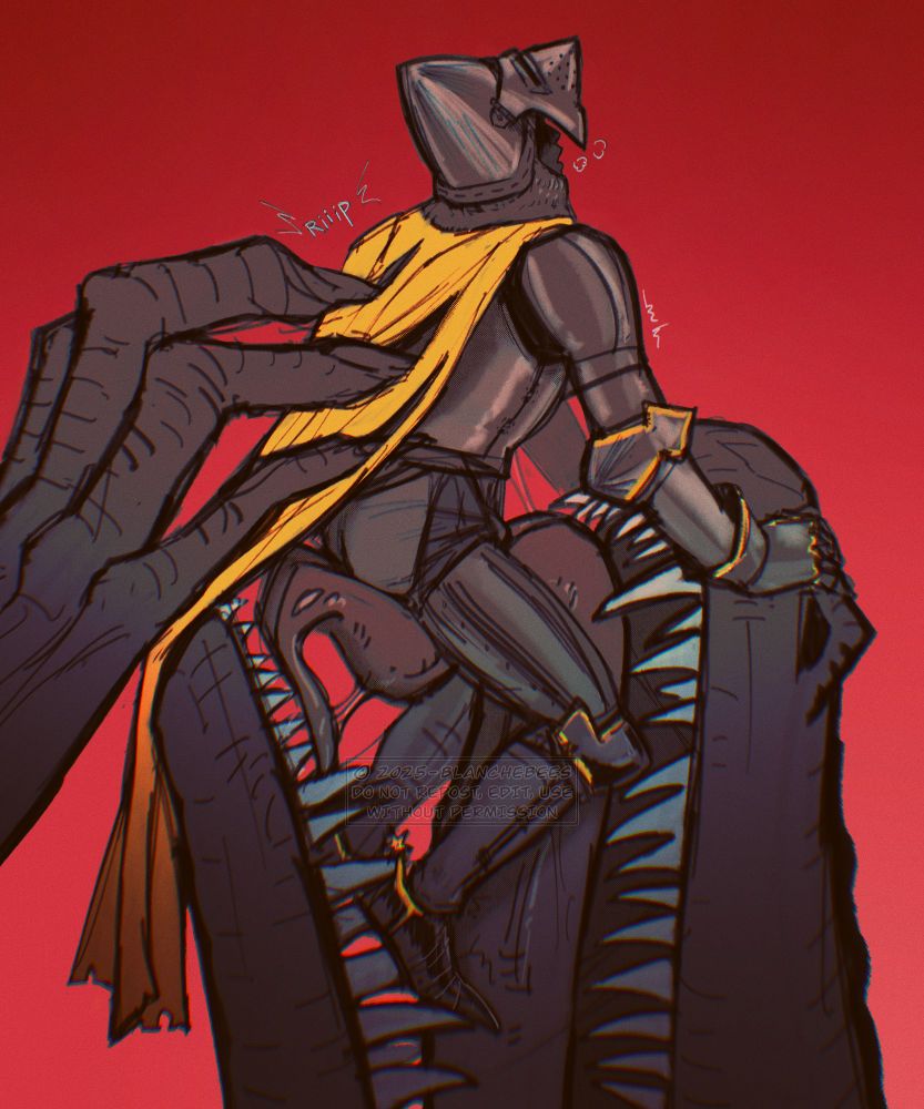 Both he/him.

The knight is riding the dragon's tongue while he slowly rips his cape. The knight has his head thrown back, his visor open, he's heavy breathing while holding onto the dragon's snout.