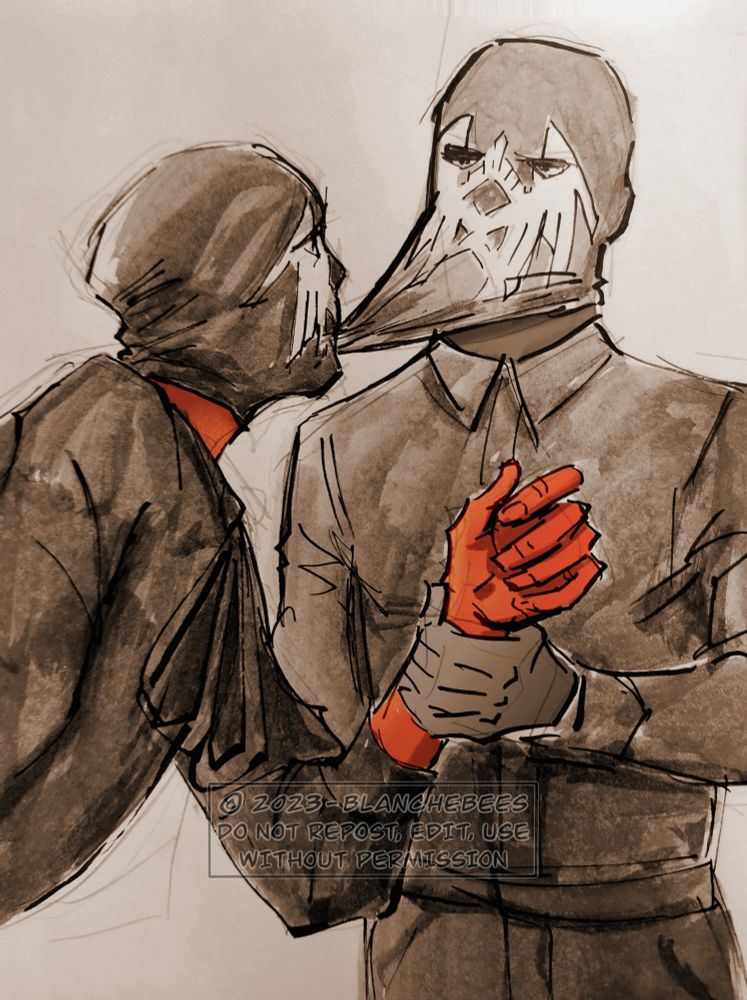 Ink doodle of Iv holding iii's red painted wrist while iii nibbles onto iv's mask. 