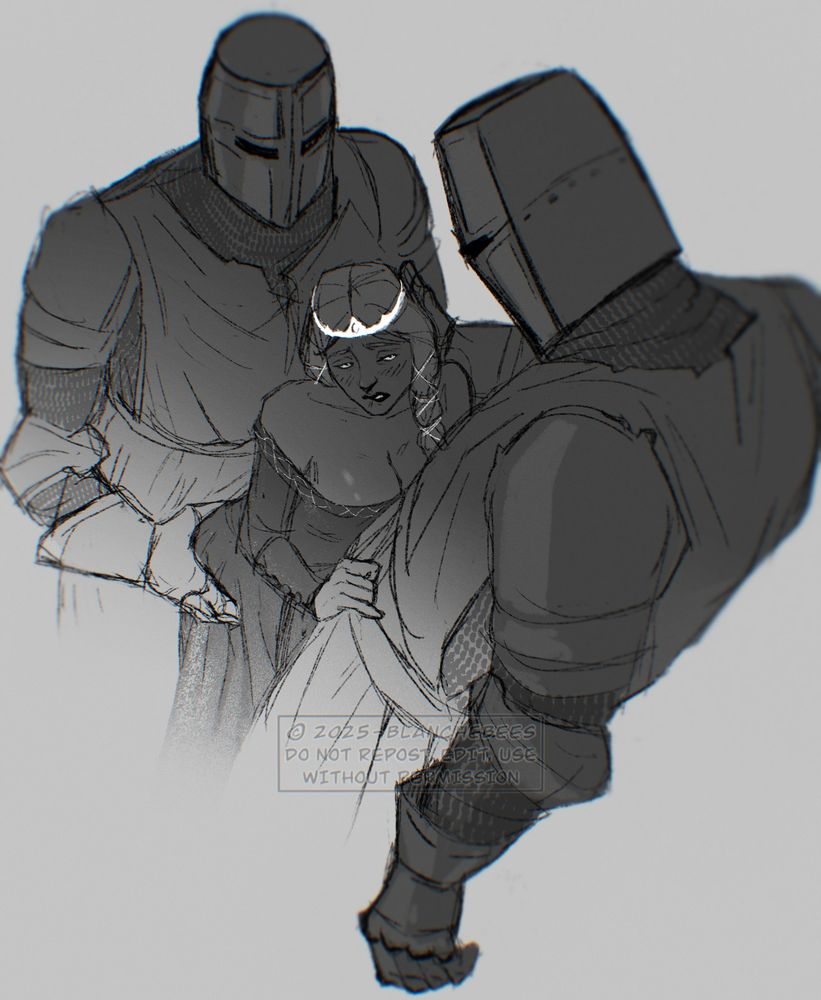 Digital art of a princess sandwiched between two knights, towering over her. She's holding onto one's belt while looking up at him with a lustful gaze and biting her lip, blushing. The knight behind her is gripping her hips while the one in front of her is gently holding her head. 