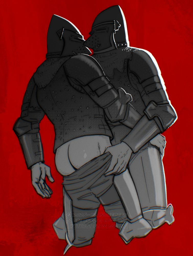 Two male hounskull knights holding each other close, one is pulling down the other's pants, showing us his fellow Knight's bare ass. On their visors they have smile shaped holes. 