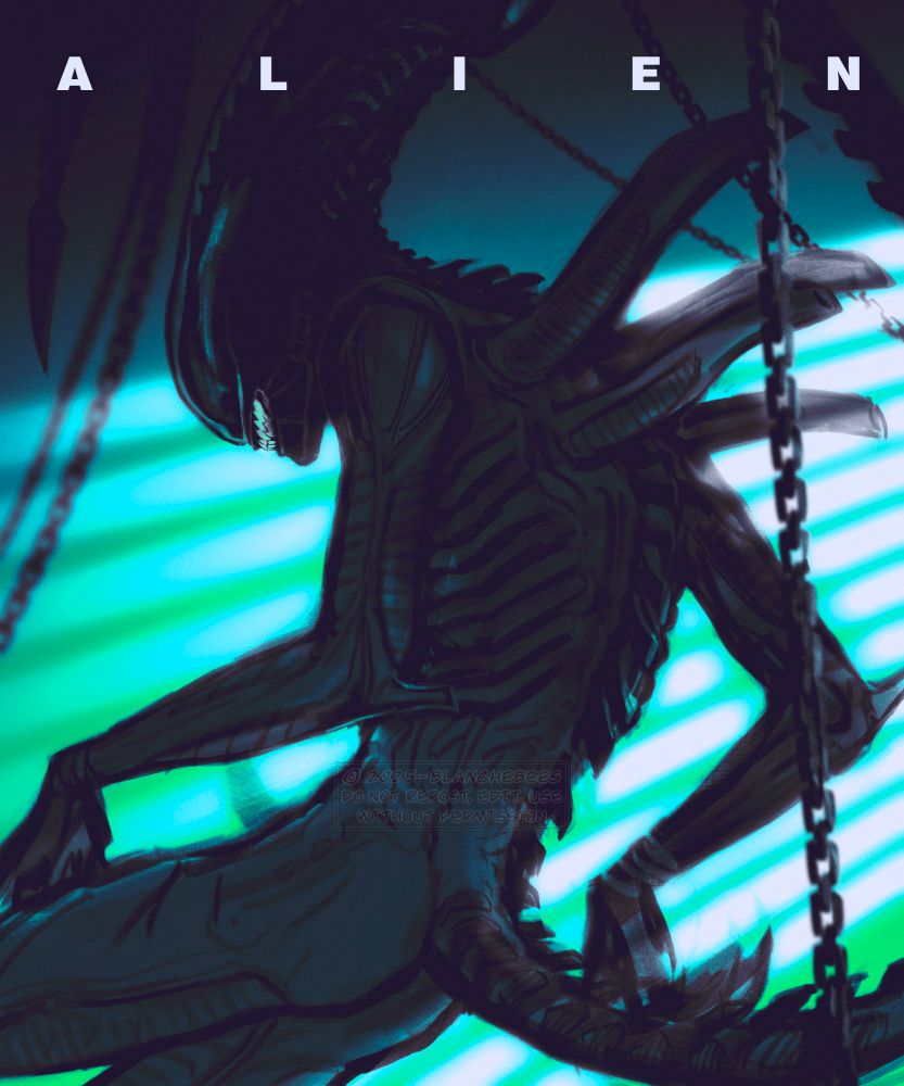 Digital illustration of a xenomorph showing us his back/side, smiling and bathed in green/blue ish light and shadows. Chains frame the scene. 