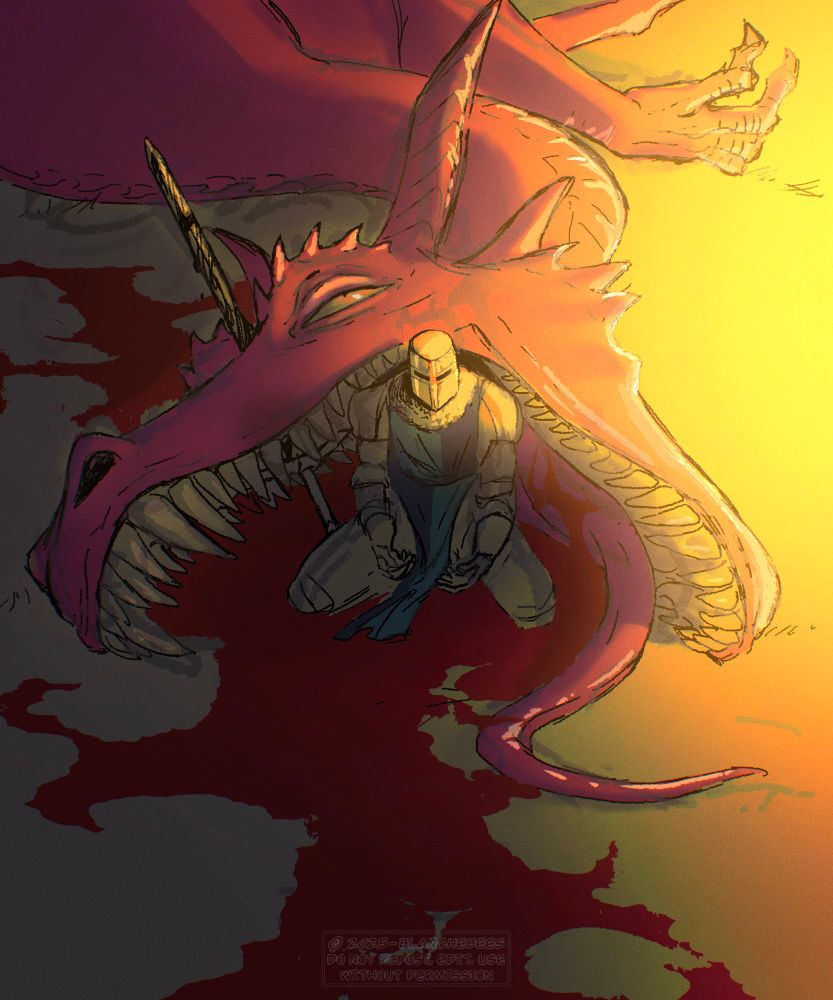 A knight on his knees, between the open jaws of a dead dragon he has slain moments beforehand. Blood is on the ground, coming out from the fatal wound the knight has inflicted through the palate of the beast. 