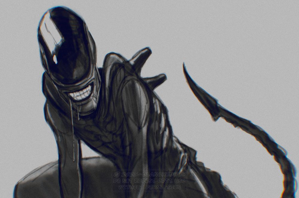 Xenomorph from Alien earth crouching and smiling 