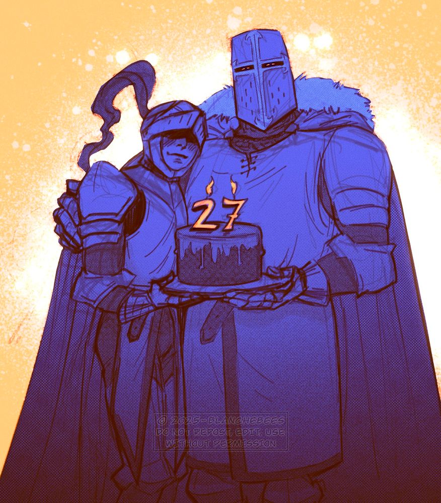 My two knight ocs bringing me a cake adorned with candles '27'. How tf do i describe it lol. It's not 27 candles, just the number 27.