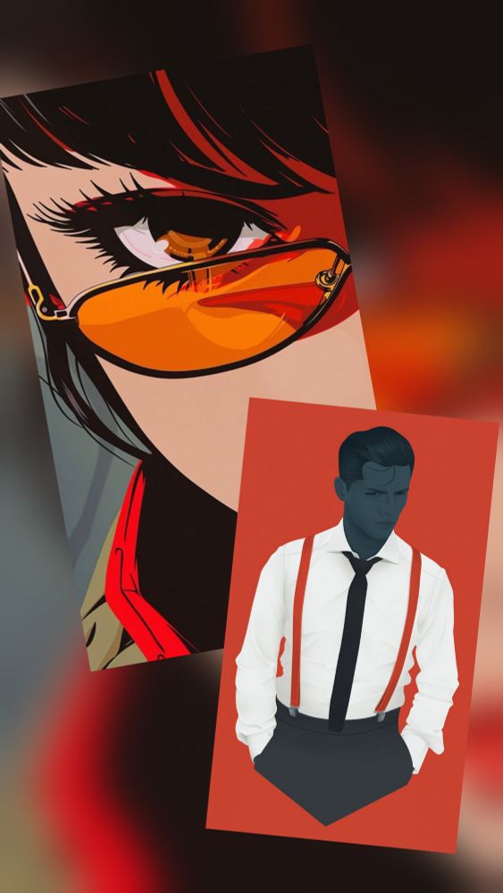 Collage aus zwei Illustrationen: 
eine junge Fruau mit braunen Augen schaut durch eine Sonnenbrille auf einen im BusinessStyl gekleideten Mann, der lässig seine Hände in den Hosentaschen vergräbt. 