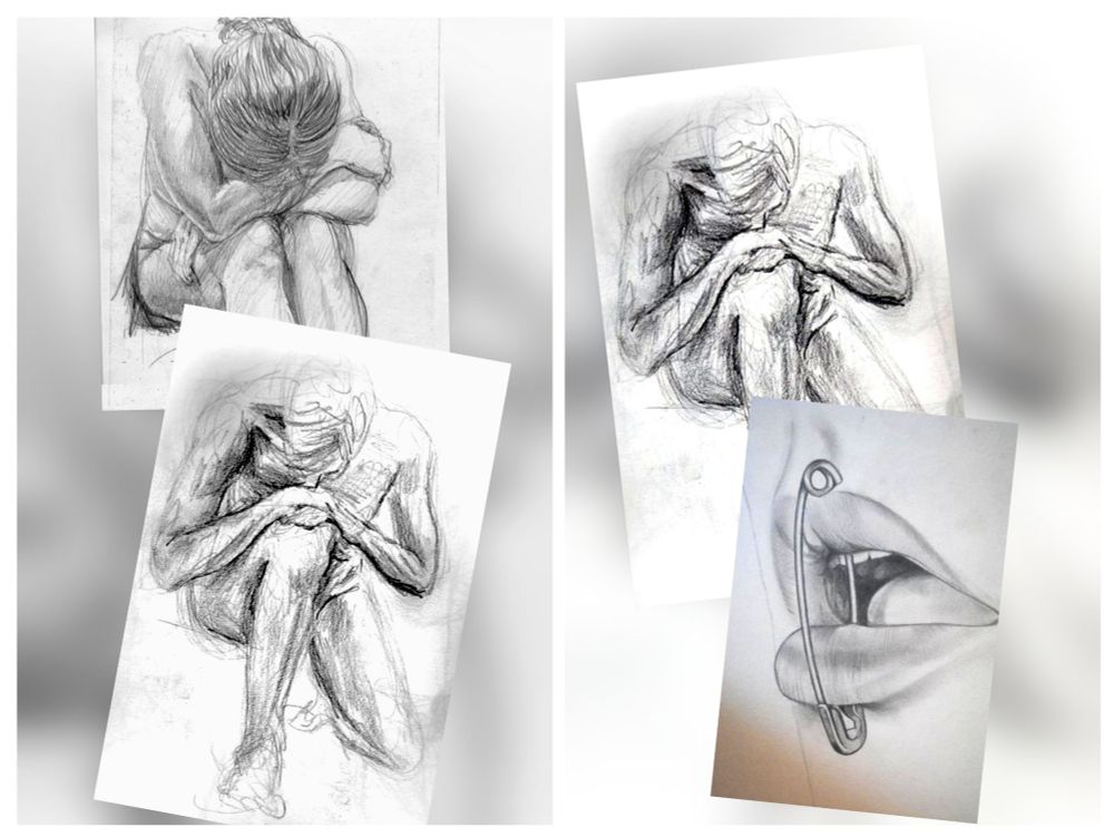 Collage aus Zeichnungen: Eine Frau und ein Mann sitzen in verzweifelter Pose am Boden und legen den Kopf auf die sich auf den angewinkelten Knien abstützenden Arme. 
Ein zum Sprechen geöffneter Frauenmund, der von einer Sicherheitsnadel so zusammengehalten wird, dass sprechen nur bedingt möglich ist.
