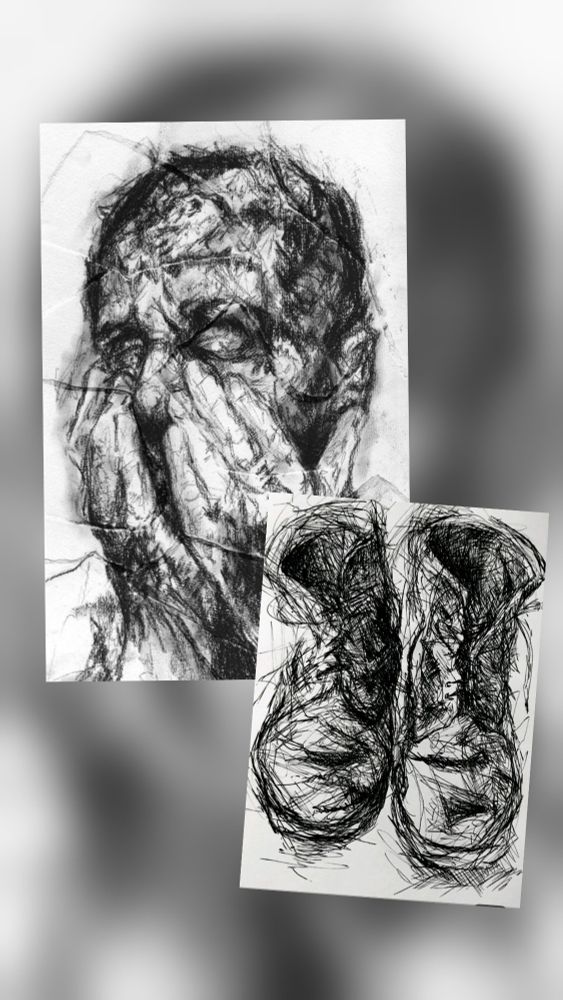 Collage aus Zeichnungen: ein entsetztes Männergesicht mit Händen,  die sich scheinbar verzweifelt über den Mund legen. Die Fingerspitzen berühren dabei die Nasenflügel und die geschlossenen Augenlider. Ein Paar alte ausgediente Stiefel, die tiefe Spuren des Trägers tragen. 