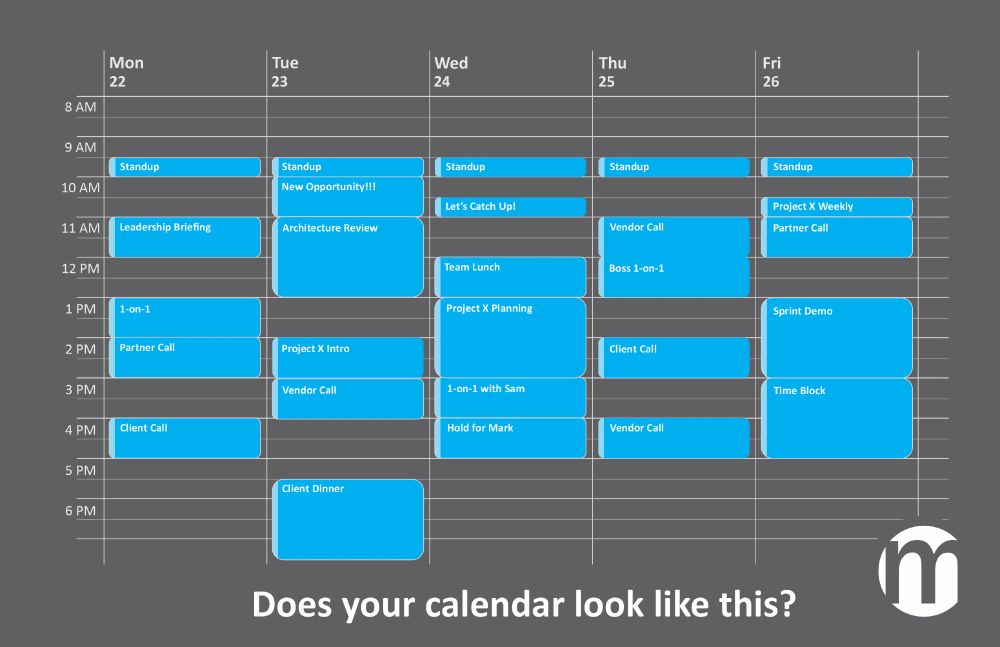A graphical representation of a very full calendar with the words "Does your calendar look like this?" and the Mirability logo.