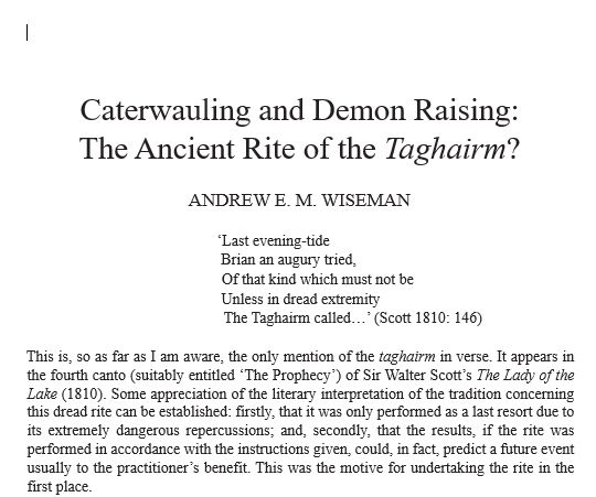 Screenshot of text from a 1971 book on witchcraft practices in Britain, opening with an excerpt from a Walter Scott poem, and describing a dangerous spell called a Taghairm.
