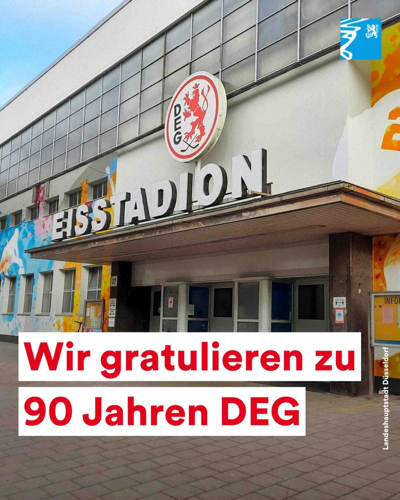 Außenansicht des Eisstadions mit dem DEG-Logo über dem Eingang und bunter Wandgestaltung.