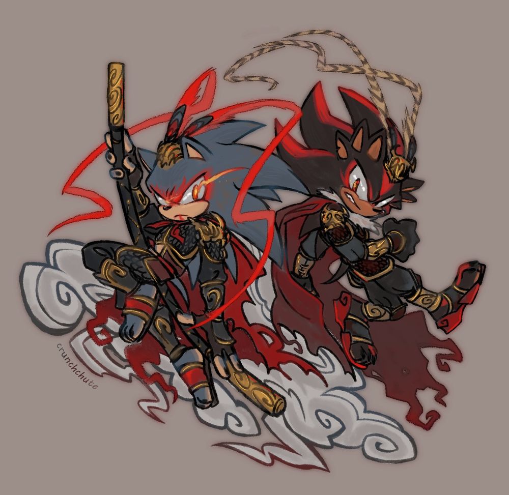 Sonic and Shadow dressed up as Wukong and The Six-Eared Macaque