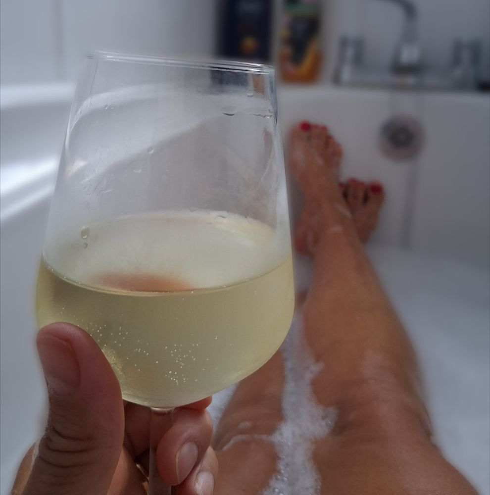 Just me relaxing in a much needed bath enjoying a glass of wine 