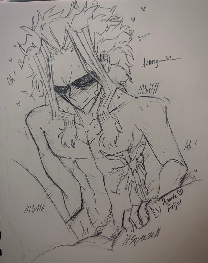 Traditional sketch of Toshinori Yagi from My Hero Academia. He’s fucking an anonymous person. His hand is squeezing their inner thigh as his eyes are looking down between their legs, watching himself thrust in and out of them. The pair are also panting hard.