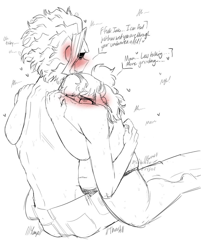 Digital sketch of Toshinori Yagi and Inko Midoriya from My Hero Academia. Inko, with one eye looking up and the other closed, is holding onto Toshinori, whose back is facing the viewer at an angle. They’re humping each other over their clothes, Toshinori wearing his pants while Inko in her black underwear. Toshi is saying “F-Fuck Inko… I can feel just how wet you are through your underwear- aAH!” Inko responds, “Mmm… Less talking… More grinding…” They’re moaning as they thrust against each other in desperation, blushing and sweating hard.