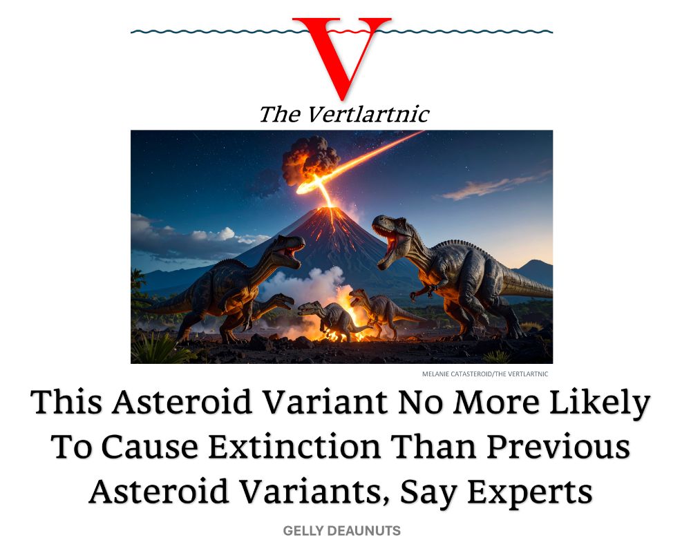 Dinosaurs and an asteroid
Headline:
This Asteroid Variant No More Likely To Cause Extinction Than Previous Asteroid Variants, Say Experts
Story by Melanie Catasteroid and Gelly Deaunuts

Photo from Adobe