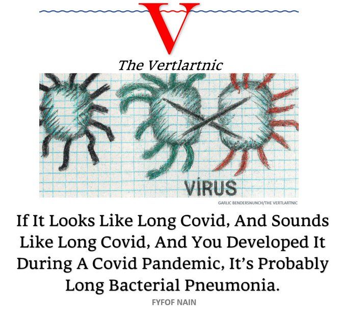 A virus and a bacteria do battle.
Headline:
If It Looks Like Long Covid, And Sounds Like Long Covid, And You Developed It During A Covid Pandemic, It’s Probably Long Bacterial Pneumonia.
Story by Garlic Bendersnunch and Fyfof Nain