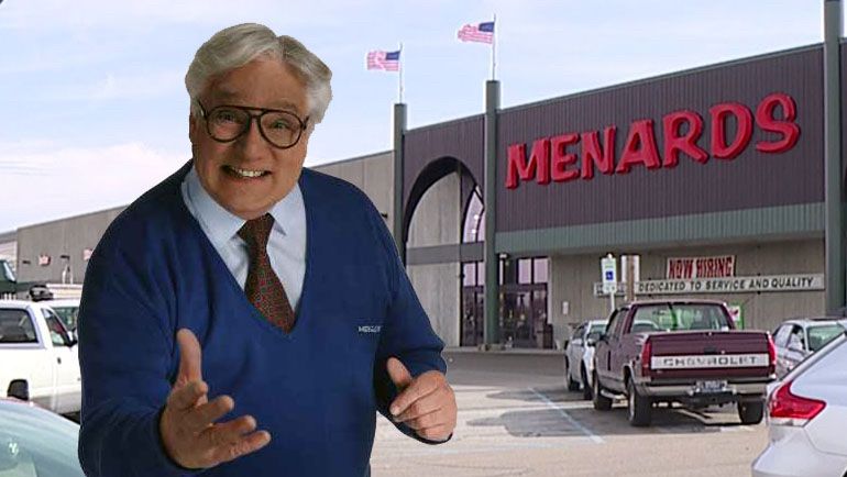 Graphic of the Menards spokesman (older man, white hair, blue v neck sweater) standing in front of the Menards big box hardware store  