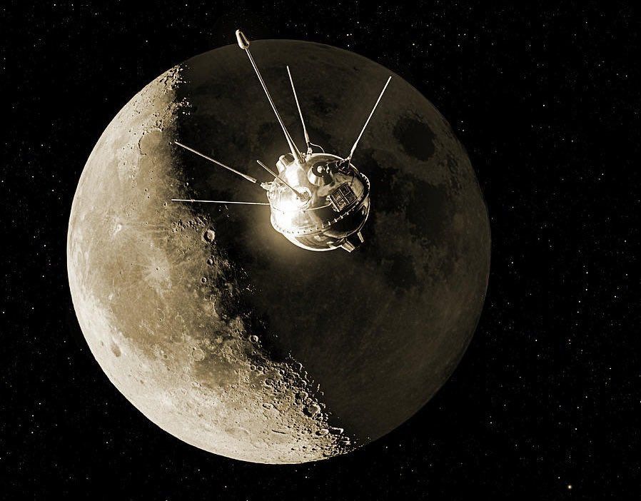 Artistic image depicting Luna 1 spacecraft with the Moon in the bacground. Lina 1 was launched on Jan 2 1959 as a moon impactor but due to malfunction missed the Moon and remains as an artificial planet circling the Sun to this day.
