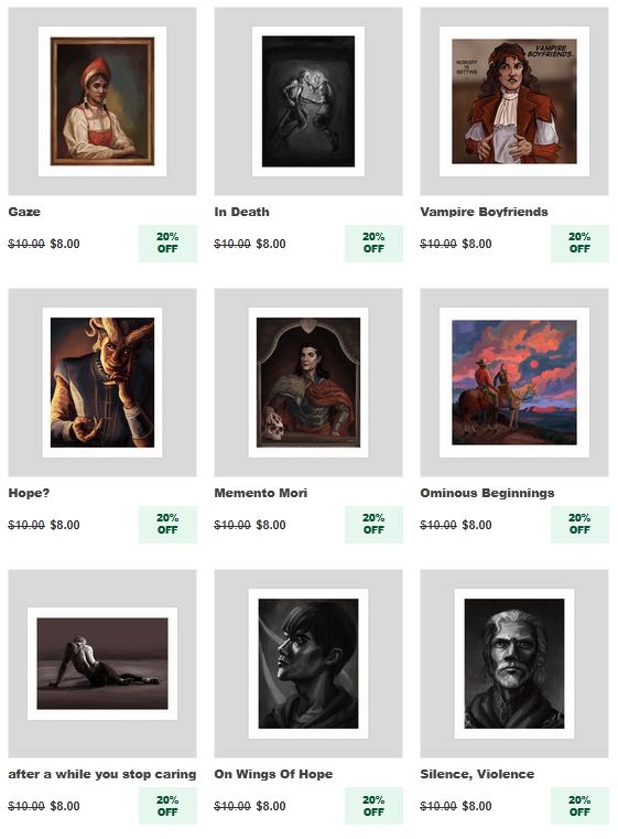Screenshot of OP's INPRNT store showing various artworks