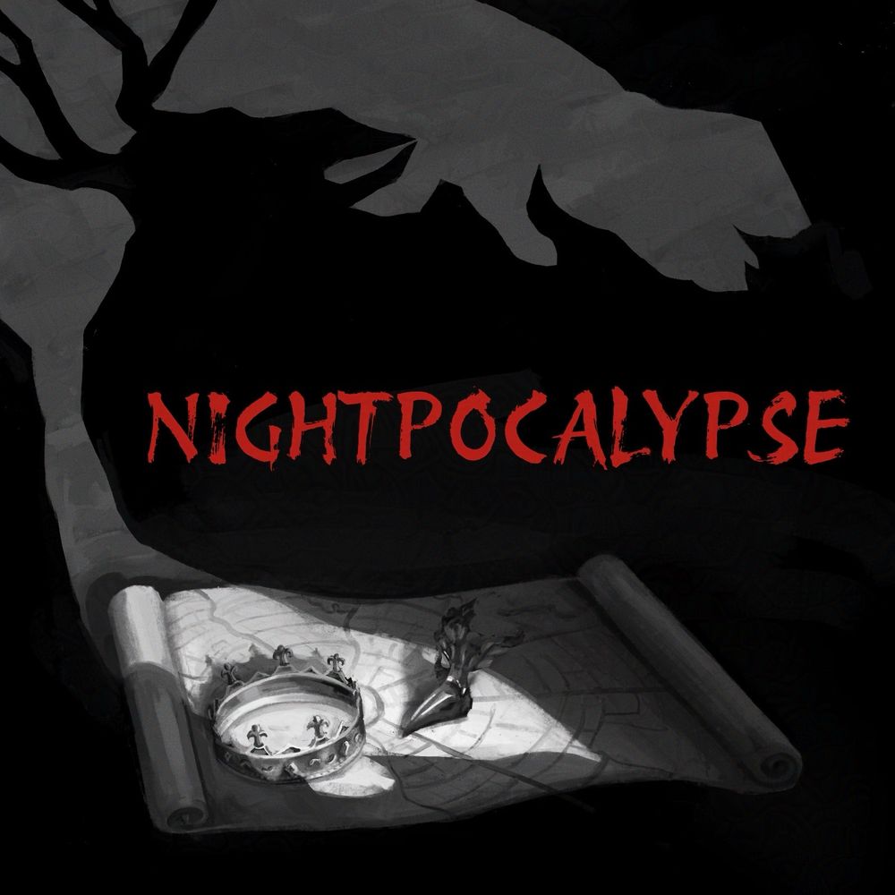 A map with a crown and a raven mask on it partially obscured by a monstrous shadow. Text in red reads Nightpocalypse.