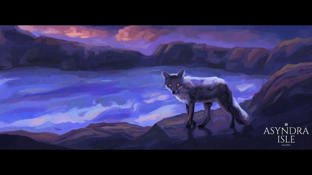 A fox with glowing orange eyes in front of a burning blue lake at sunset