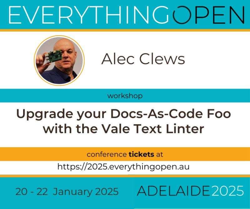 A postcard for Vale Text Linter workshop at Everything Open. Details provided by the link in post