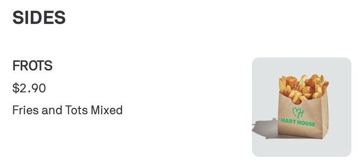 A screepcap from an online food ordering site. The item shown is named "FROTS" for $2.90. It is fries and tots mixed.