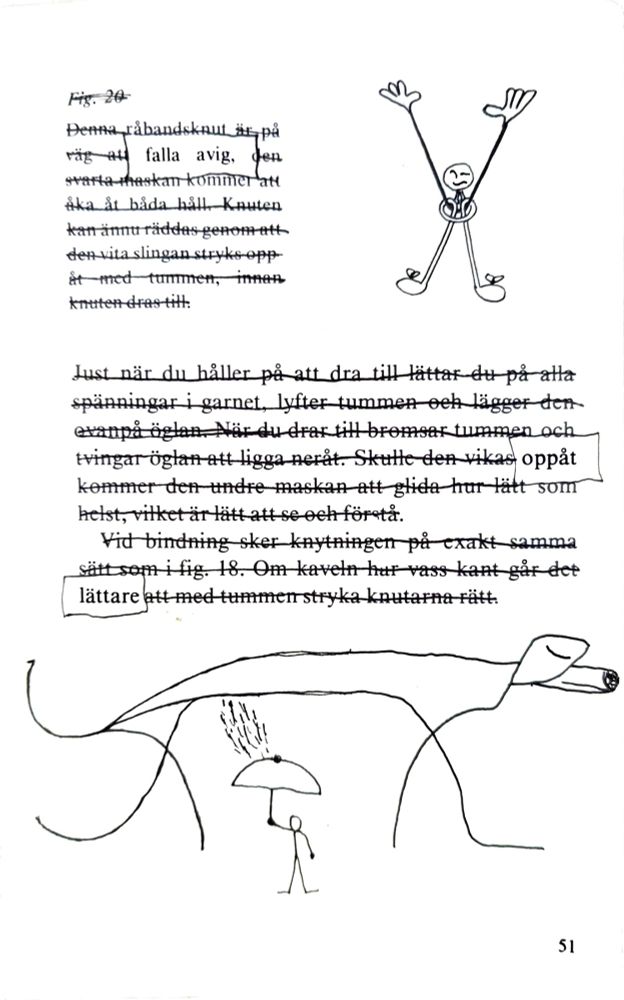 Picture of an erasure poem. Swedish language book. Including two images, a person with their limbs stretched out on the right hand corner, and a dog peeing on someone with an umbrella at the bottom. Words of poem are: Falla avig//oppåt//lättare