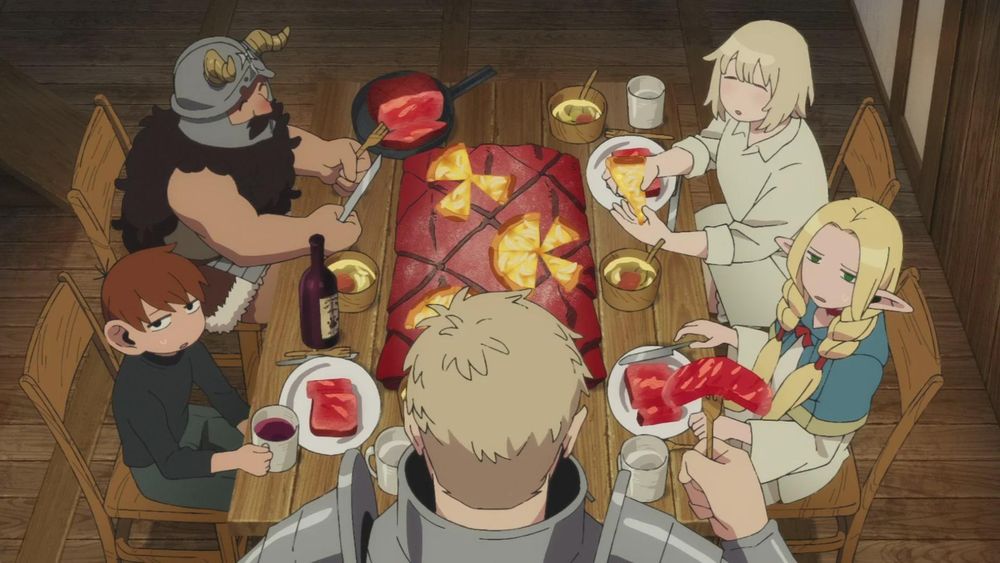 Chilchuck, Senshi, Falin, Marcille, and Laios enjoy red dragon steaks 