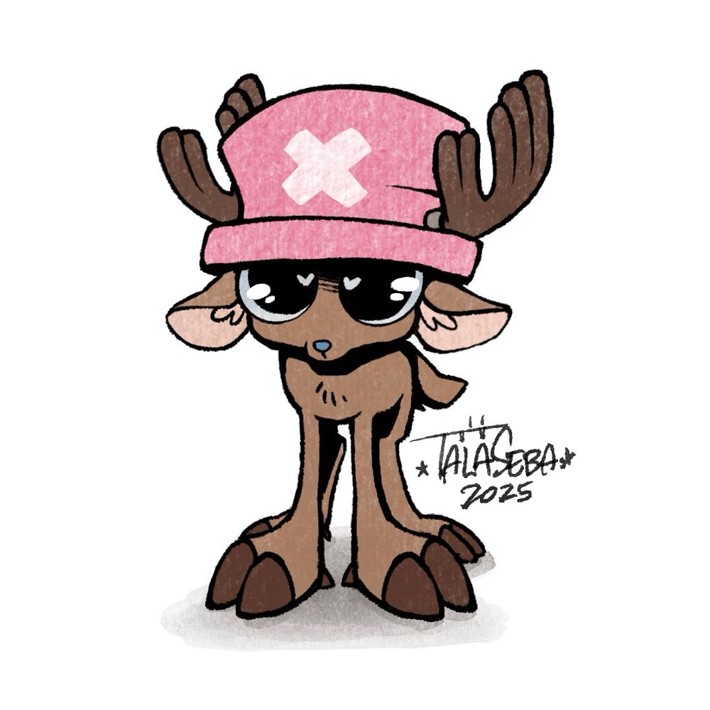 A scrungly little raindeer creature with huge eyes full of love in a pink hat with a white X on it. It’s Tony Tony Chopper from One Piece.