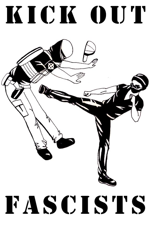 A person wearing all black kicks another into the air. The person being kicked is wearing an armored vest and celtic cross on his arm with his hat flying off. Image reads "kick out fascists"