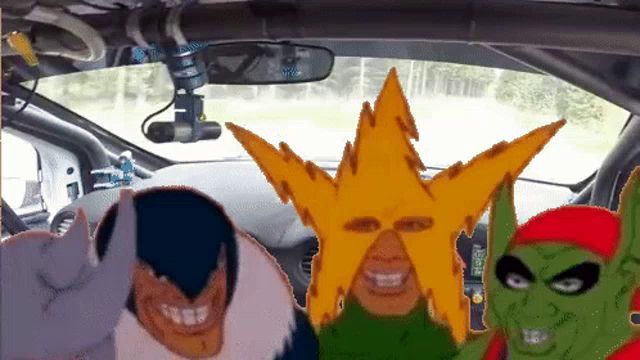 a group of cartoon characters in a car with one wearing a yellow star on his head