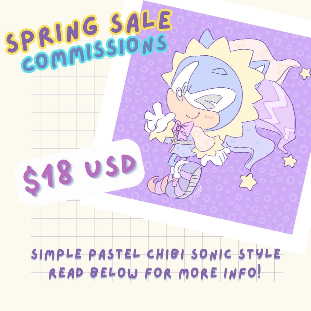 A digital post that has a drawing of Sonic the Hedgehog wearing a Jester outfit making a peace sign with his hand. The following text on the post says: “Spring Sale Commissions! $18 USD. Simple pastel chibi sonic style, read below for more info!”