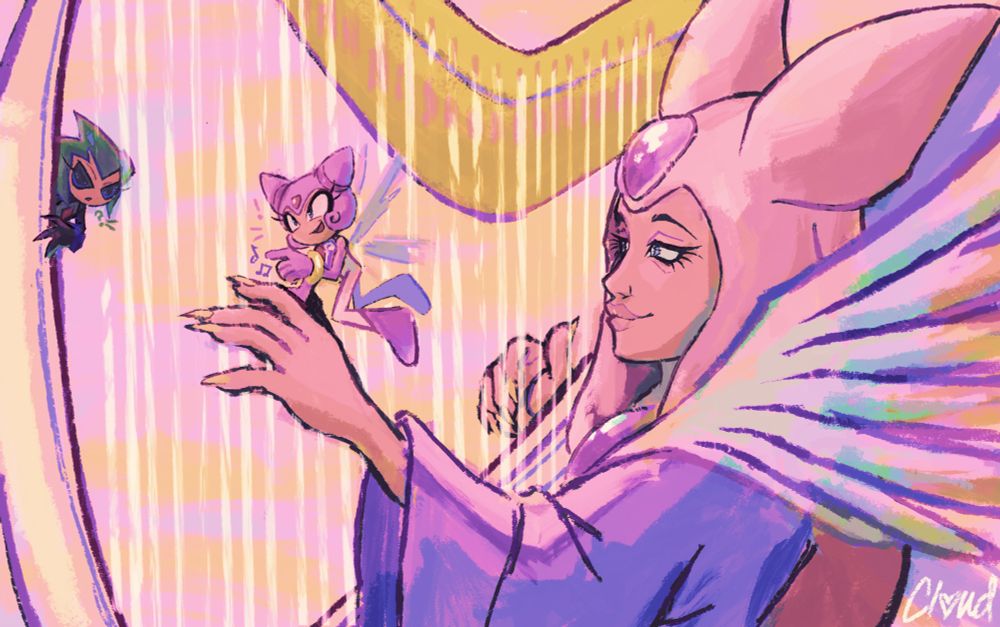 Illumina, the Goddess from Sonic Shuffle, playing the harp with Lumina by her side. Void is peeking out behind harp with curiosity. 