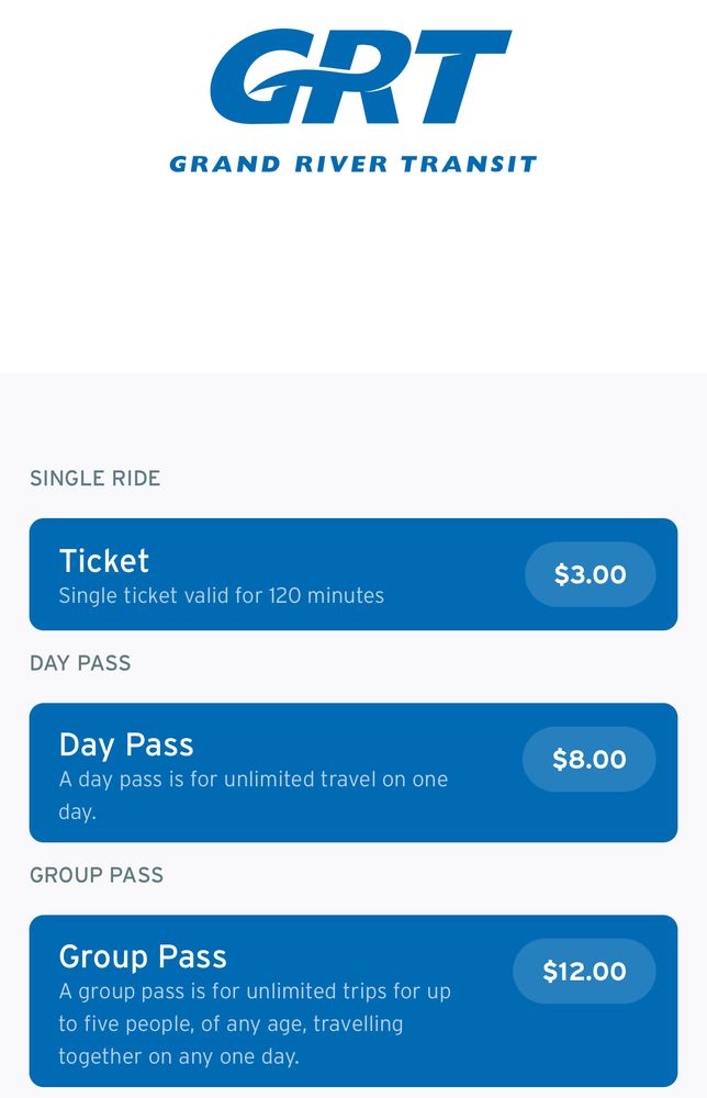 Screenshot of Transit App showing purchase options for a single ride ticket ($3), day pass ($8), or group pass ($12)