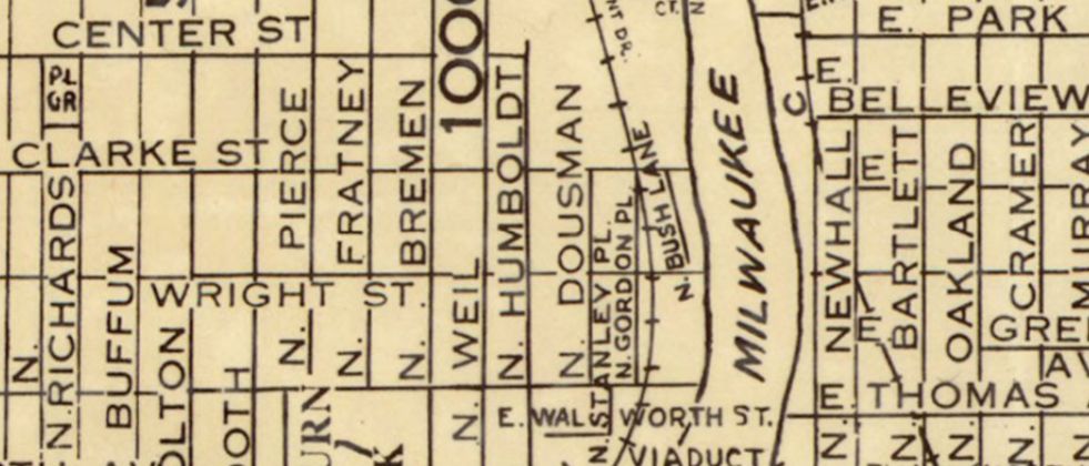 Detail of a 1934 map of Milwaukee showing the location of N. Bush Lane. Map found online at https://collections.lib.uwm.edu/digital/collection/agdm/id/5826/rec/1 
