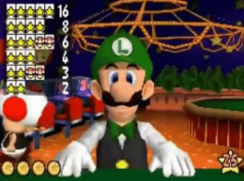 a cartoon character wearing a green hat with the letter l on it is playing a video game .