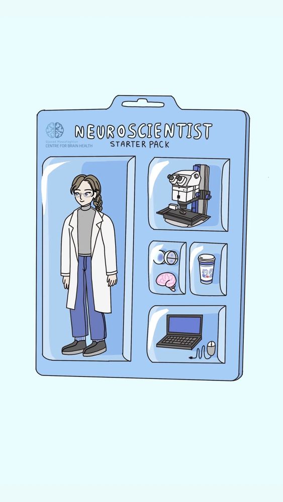 Neuroscientist starter pack showing a neuroscientist wearing a lab coat with a microscope, petri dishes, brain model, coffee and laptop as accessories.