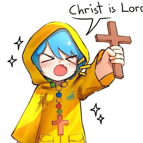 Luce the blue haired anime girl mascot for the Catholic Church with sparkles around her as she squeezes her eyes shut cutely and proclaims with loudness indicated by yellow lines coming from her mouth "Christ is Lord!"