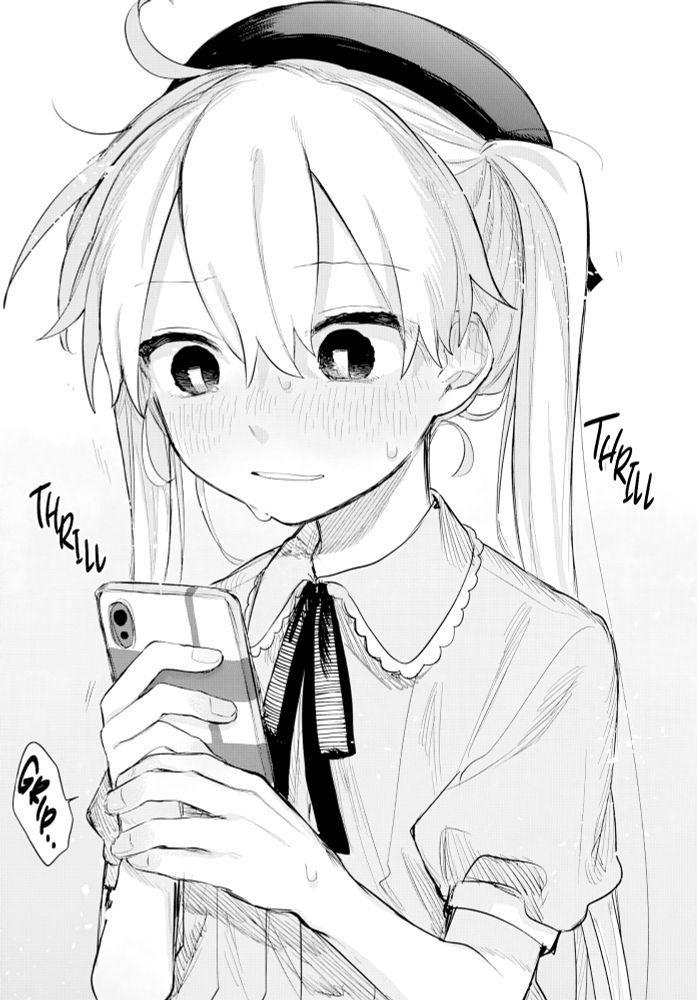 A young woman from a manga sexually aroused as she grips her cell phone tight, looking at it with big eyes, sweat, and a half open smile. The words "thrill " surround her a couple of times.