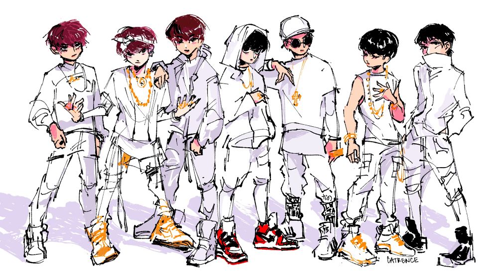 sketch of bts members standing wearing white 