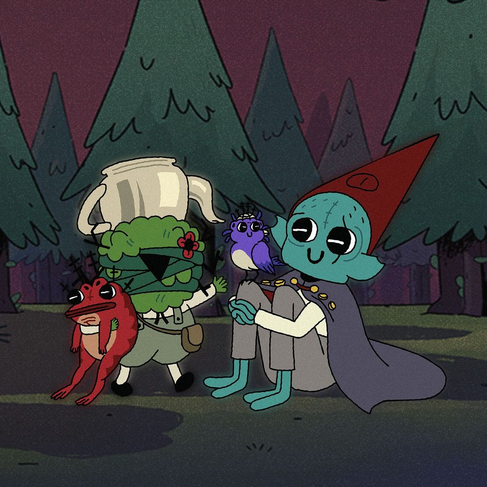 Leshy, Heket, Kallamar and Shamura are all dressing up as characters from Over The Garden Wall this year for Halloween. A rare wholesome tweet from the Cult of the Lamb account <3 