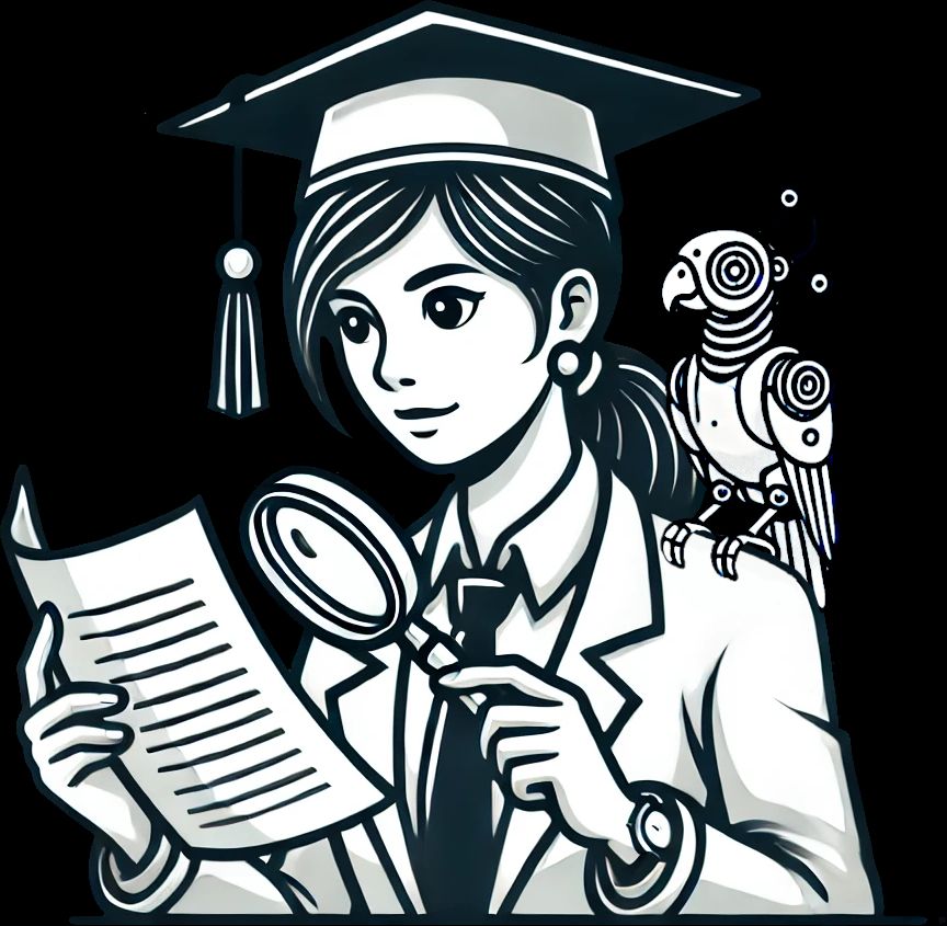 Illustration of a young woman wearing an academic cap and lab coat, closely examining a document with a magnifying glass. A robotic parrot sits on her shoulder, suggesting a blend of science, research, and technology. The style is monochrome with clean, cartoon-like lines.