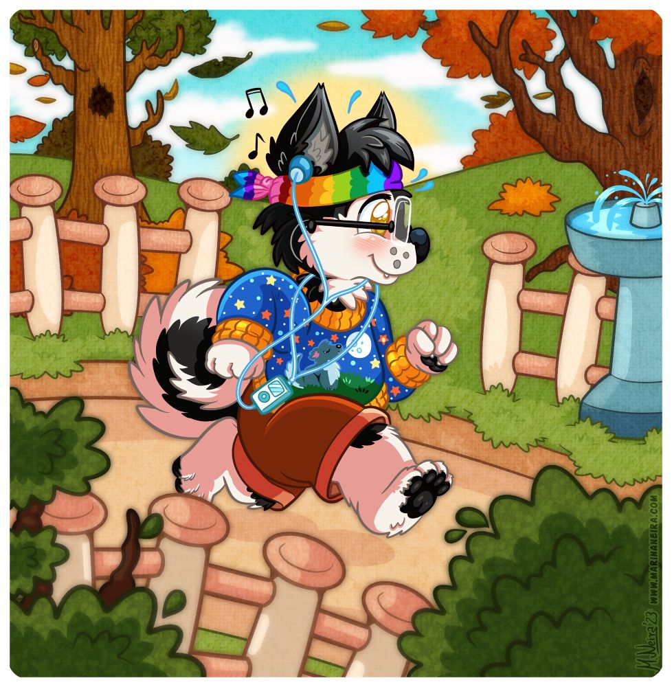 This is a picture of just adult Fred the Husky going for a jog. He is depicted wearing brown shorts and a sweater with a husky howling at the moon. He also has a rainbow sweat band and a music player with headphones in. The background appears to be a dirt trail in a park during fall with brown leaves on trees and on the ground.