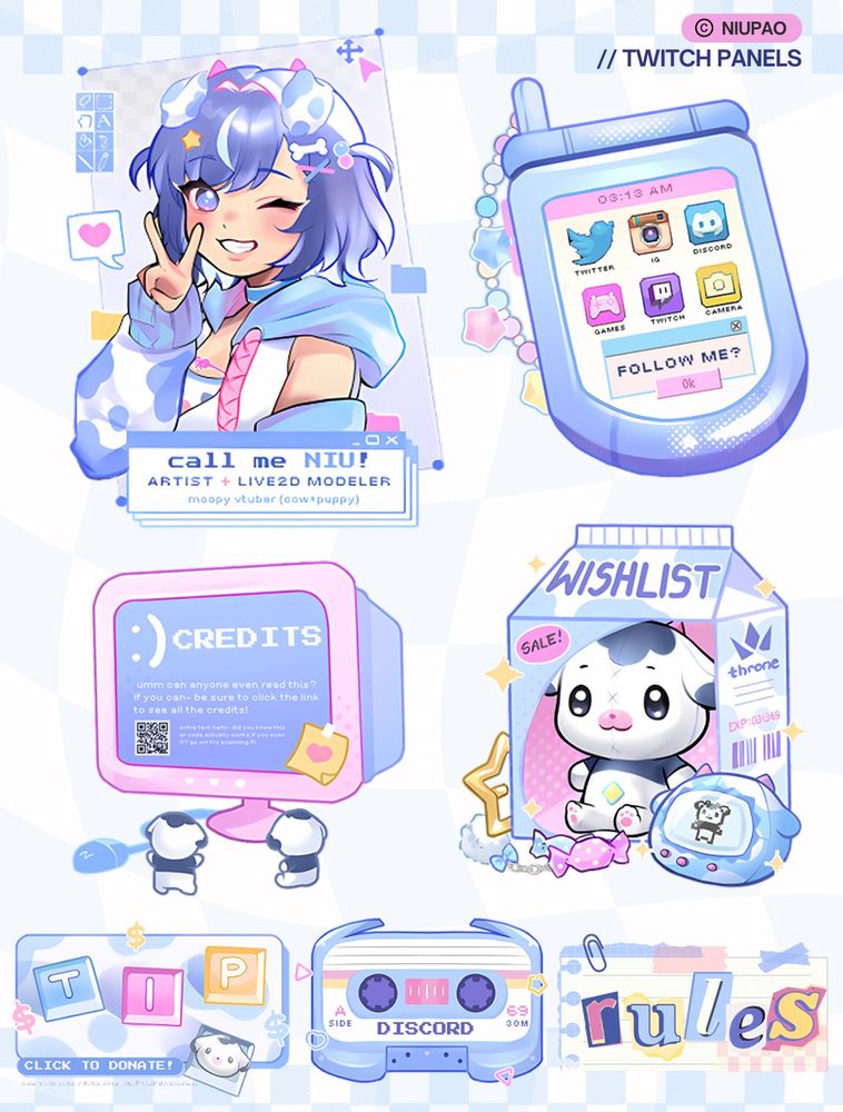 different panel art for my twitch streams! colored in a blue, white, and pink palette which features my vtuber's mascot 