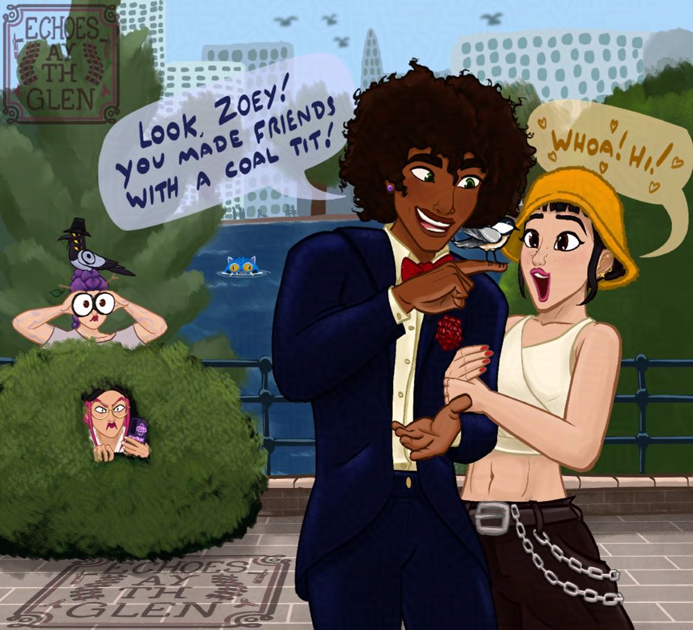 Mira and Rumi follow Zoey's escapades with her latest fling as they frolic through a park.

Kpop Demon Hunters digital fanart.