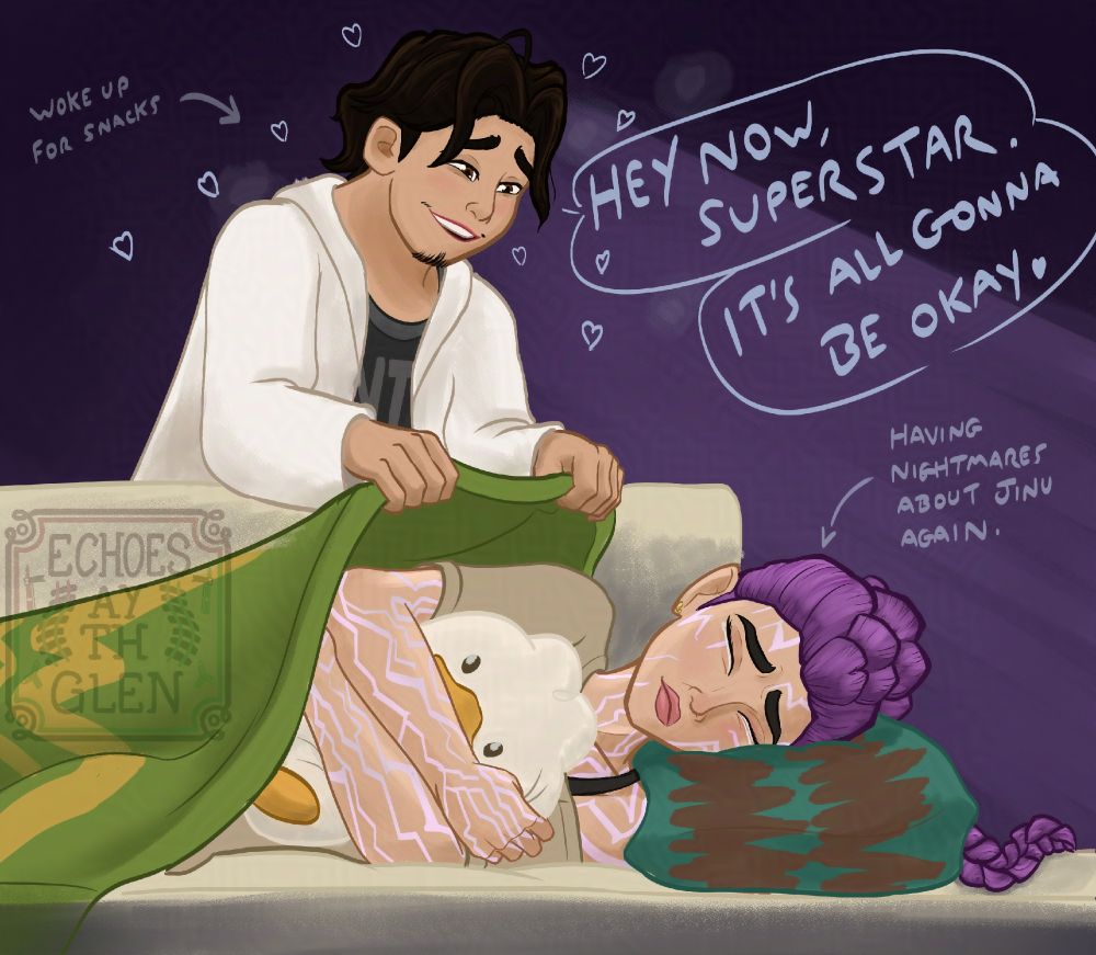 Digital artwork showing KPop Demon Hunters' Rumi having a fitful sleep on the couch, hugging a duck plushie to her chest while Bobby soothes and pulls a blanket over her.