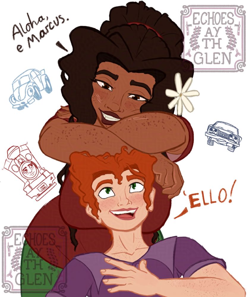 Digital art of two original characters, Marcus and Sefina. Sefina is laying her arms on Marcus' head, and they're both delighted to see each other!
Doodles of their cars, Buzzy and Cyclone, along with a drawing of Moana, a steam engine, flank them.