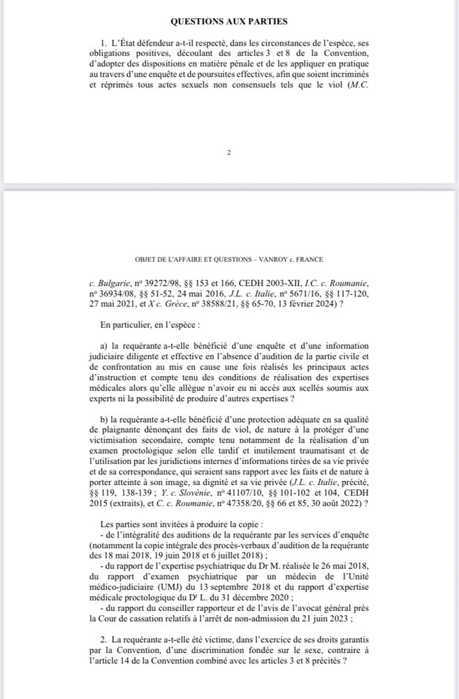 Extrait du document de la cedh : les questions adressées aux deux parties suite à la requête de Sand Van Roy.